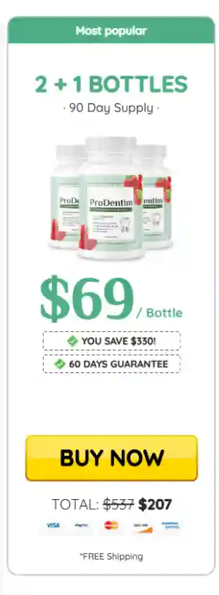 ProDentim three-bottle package artwork; confirm current terms