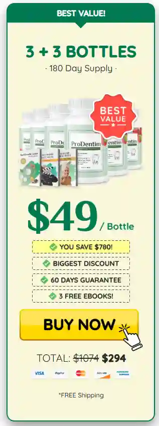 ProDentim six-bottle package artwork; confirm current terms
