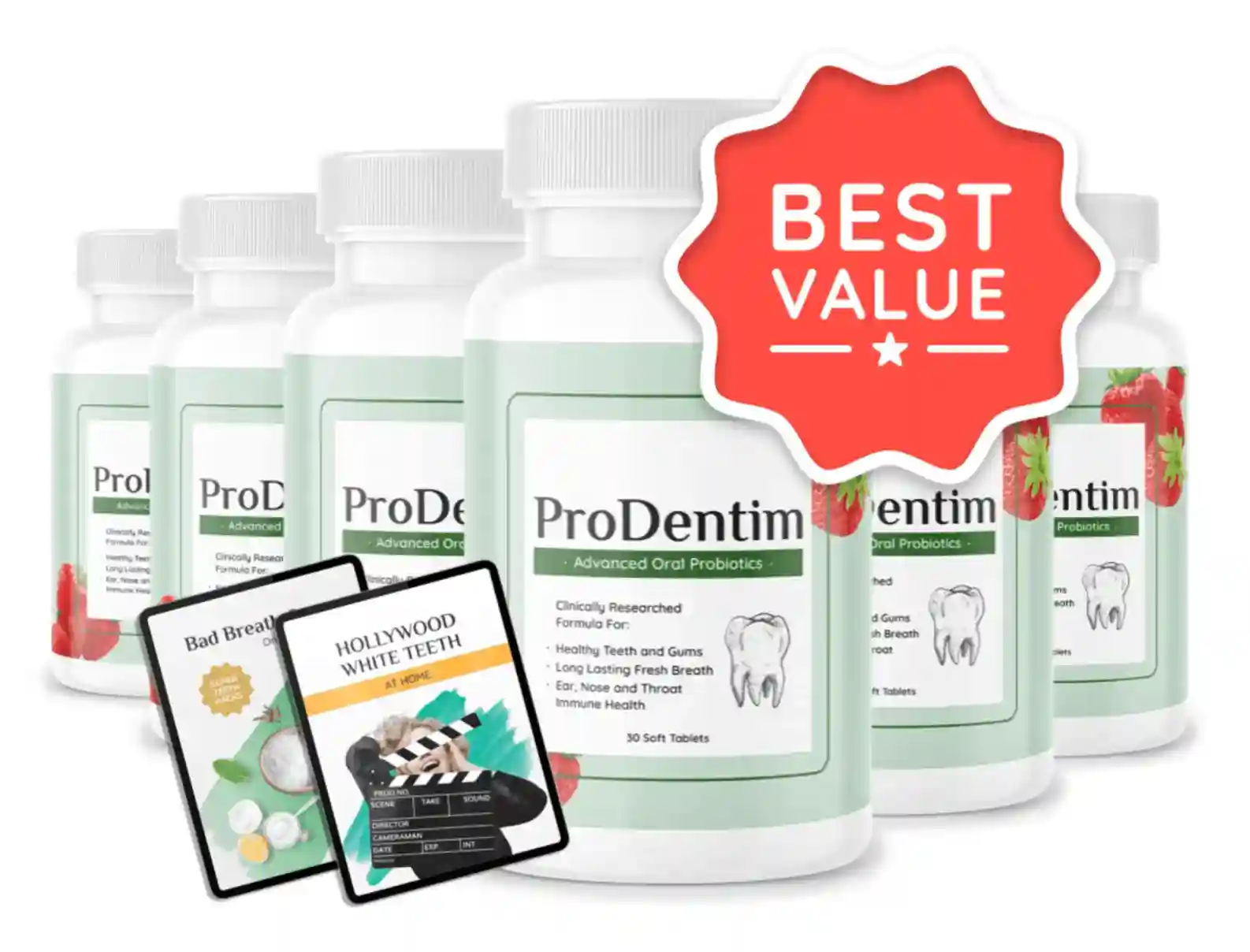 Supplied ProDentim six-bottle bundle artwork; confirm current price and terms