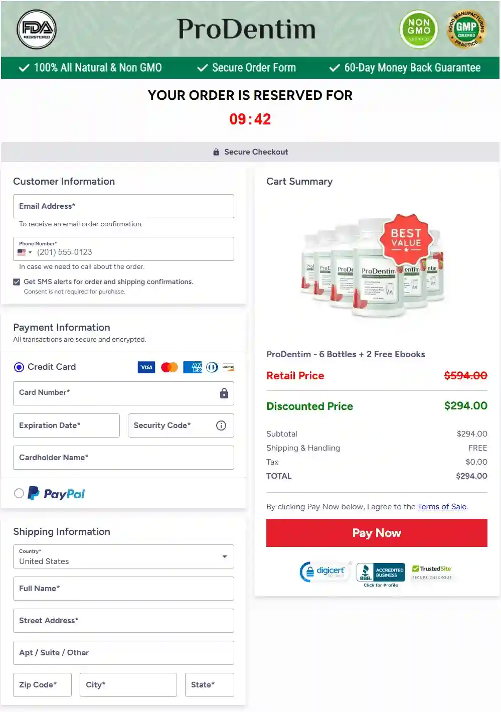 Supplied ProDentim checkout screenshot; verify current order terms