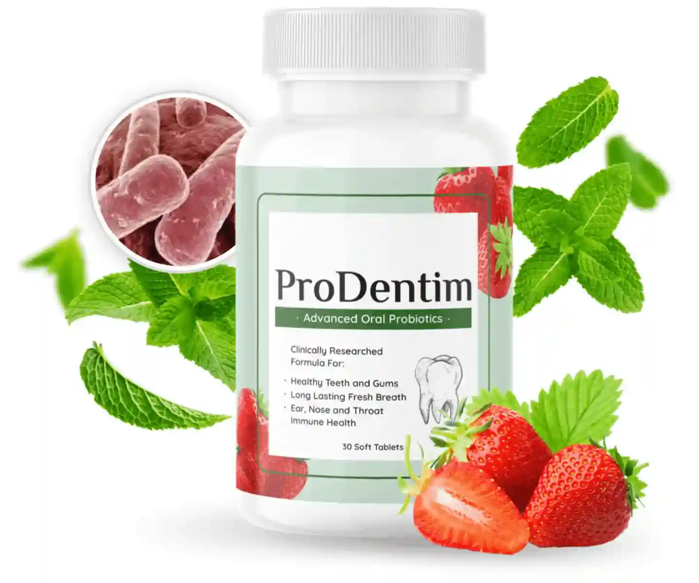 ProDentim bottle with strawberry and mint artwork